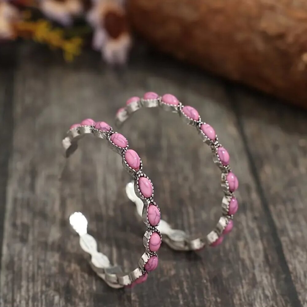 NEW Pink hoop earrings, western aesthetic earrings, pink retro jewelry turquoise - Picture 6 of 6